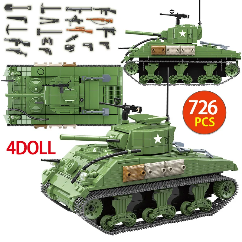 726PCS US Military Sherman M4A1 Tank Building Blocks Legoing Technic City Police WW2 Tank Soldier W