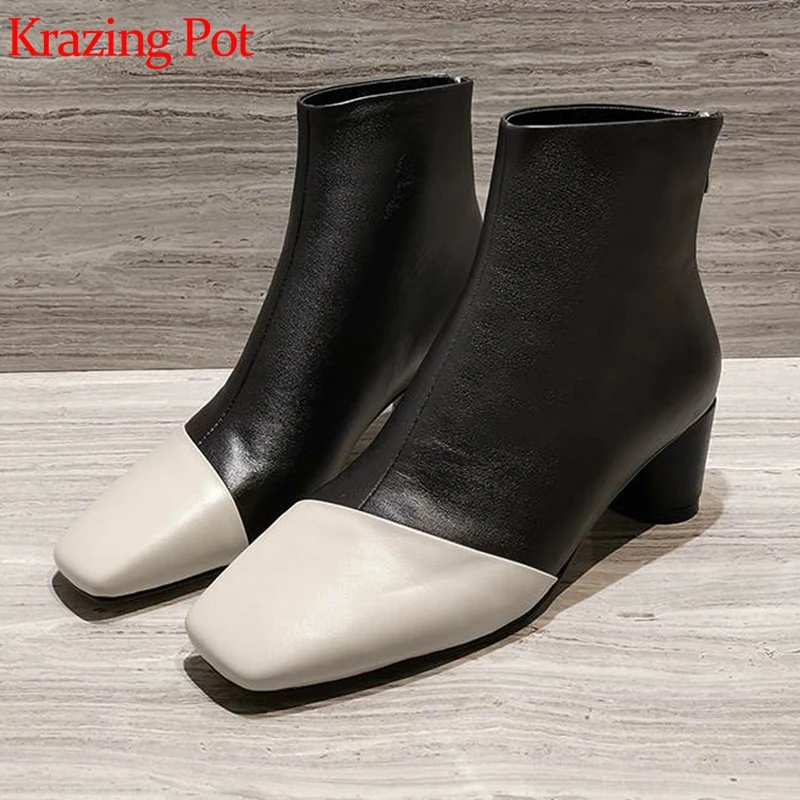 

krazing pot 2020 full grain leather zipper winter Chelsea boots square toe thick med heels European mixed color ankle boots l77
