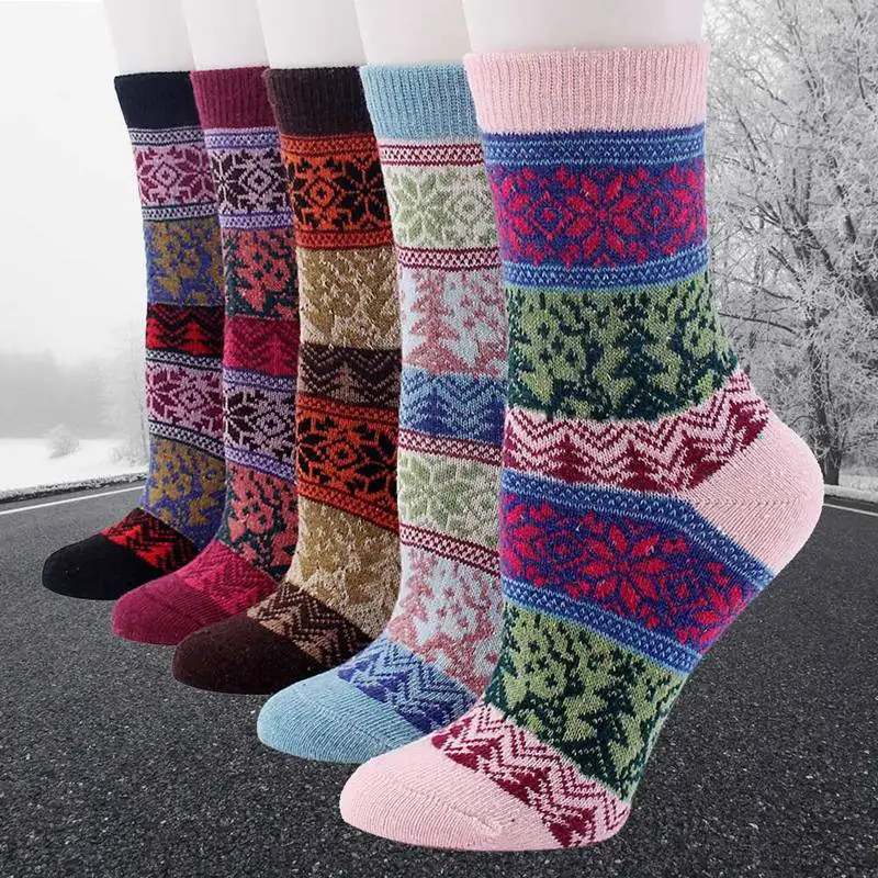 5Pairs Socks Women Winter Womens Vintage Winter Soft Warm Thick Cold Knit Wool Crew Socks Geometry Print Comfortable