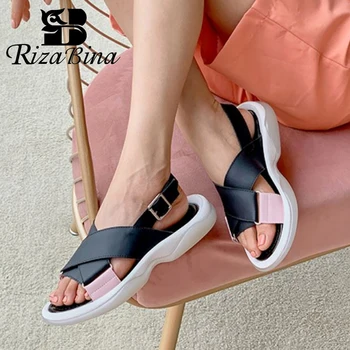 

RIZABINA Genuine Leather Sandals Simple Summer Women Shoes Low Flat Heels Shoes Buckle Casual Shoes Lady Footwear Size 35-42