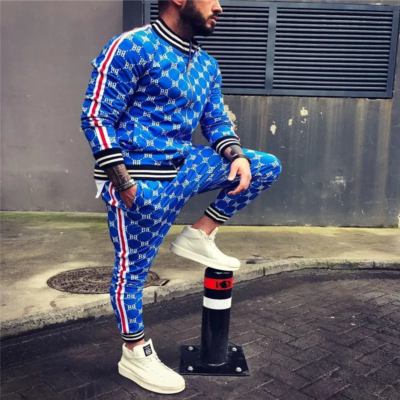 

New Printed Men Set Colorful Plaid Men Casual Zipper Set Autumn Spring Sporting Tracksuit Set Male Sweatshirt Multi-pocket Fashi