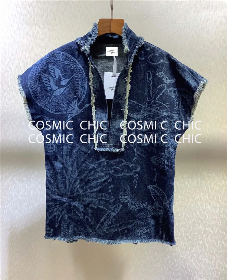 Cosmicchic, подиумный дизайн, женский джинсовый костюм, цветочный принт, короткий рукав, джинсовая рубашка, широкие джинсы, штаны с кисточками, комплект из 2 предметов