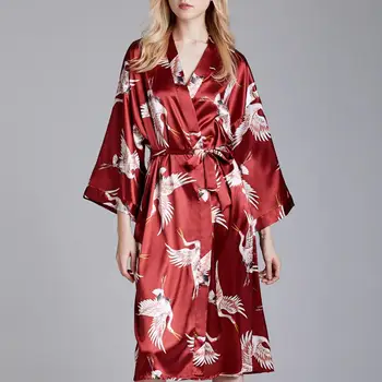 

Women Sexy Satin Kimono Robe Chinese Style Crane Print Bathrobe Lingerie Sleepwear Female Belt Simulation Silk Long Sleeve Dress