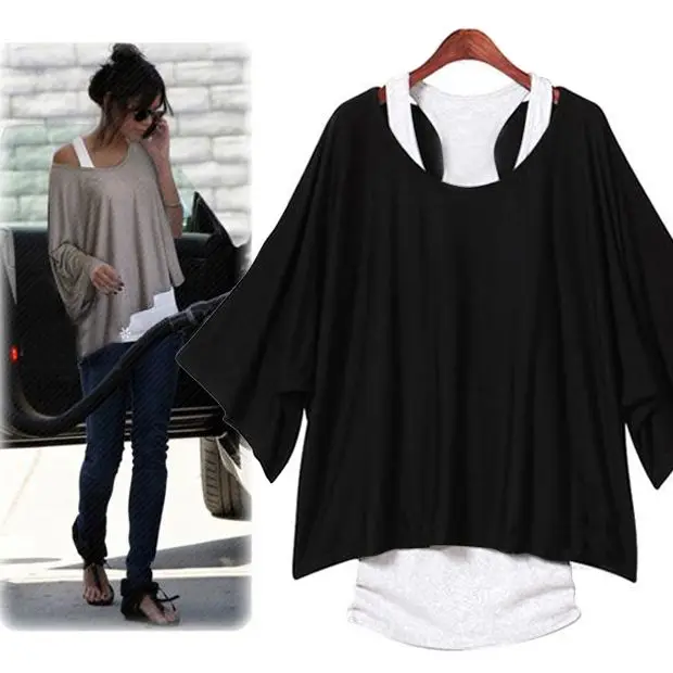 

Fashion Women Ladies Stylish Solid Color 2-in-1 Bat Sleeved Summer Casual Loose 2PCS Vest Tank Tops T-Shirt Black Blouse Set