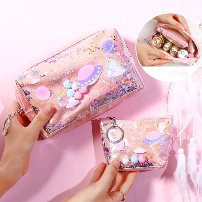 

19*13cm cartoon planet pencil case pen bag laser quicksand coin purse stationery storage bag cosmetic bag student stationery