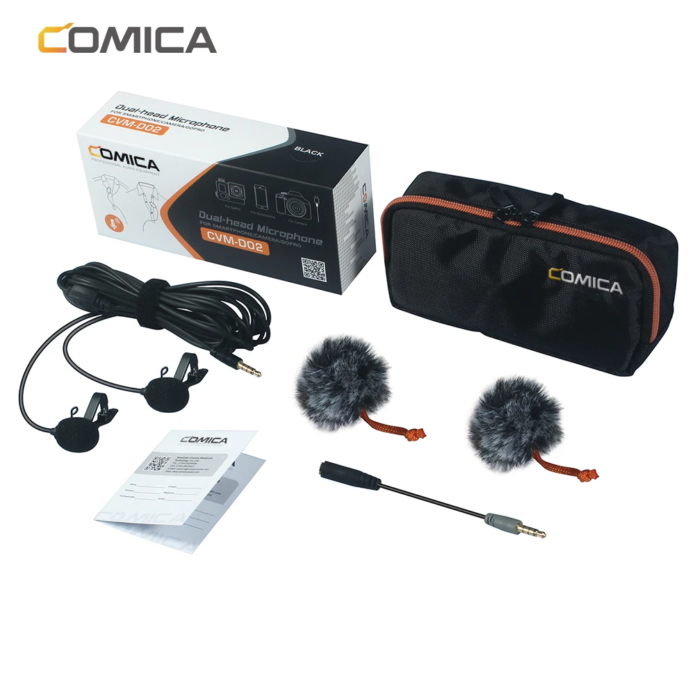 COMICA CVM D02 Dual head Lavalier Microphone for outdoor Audio recording 2  way sound pick up For DSLR IOS Android phone Gopro|Microphones| - AliExpress