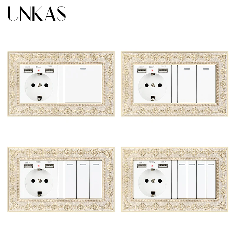 UNKAS 4D Zinc Alloy Metal Panel EU Socket Dual USB Port + 1 2 3 4 Gang / Way On Off Light Switch Embossing Retro Frame | Обустройство