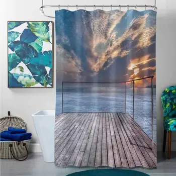 

Shower Curtains for Bathroom stall Travel,Ocean Sea View Terrace Balcony During Sunset Dawn Image Print, Pale Brown Grey and Sky