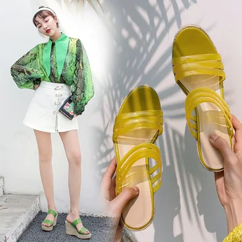 

Color Transparent Sandals Women's 2020 Summer New Fashion Wedge High-Heel Word Drag Semi-Trailing Women's