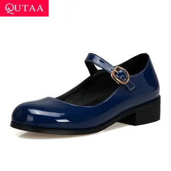

QUTAA 2020 Spring Autumn Round Toe Square Middle Heel Shallow Women Shoes PU Leather Buckle All Match Women Pumps Big Size 34-43