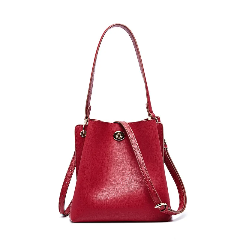 

1250 New Oil Wax Cow Leather Handbag Women Large Capacity Bucket Leisure Portable Messenger Single Shoulder Bag