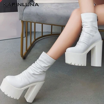 

Karinluna New Super Square High Heels Wholesale Autumn Winter Shoes Pleated Thick Platform Ankle Boots Women