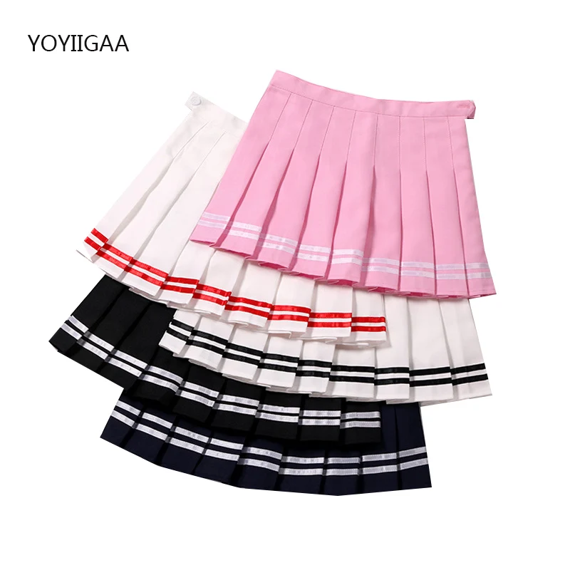 Полосатая Женская плиссированная юбка на молнии с высокой талией мини-юбка Kawaii