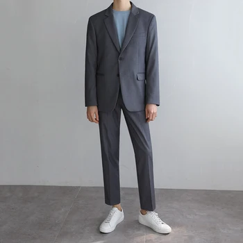 

IEFB /men's wear Two-piece set Korean style suit coat + trendy British style loose casual suit pants gray suit male 2020 9Y3725
