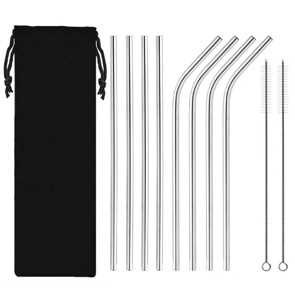 

8Pcs Reusable Metal Stainless Steel Metal High Quality Drinking Straw Straws Sturdy Curved With 2 Cleaner Brush Kit Accessories