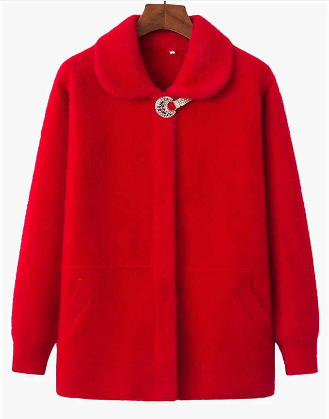 Red Autumn And Winter New Middle-Aged Women Mink Cashmere Sweater Coat Plus Size Thick Warm Knit Cardigan Sweater F562 - Color: Red