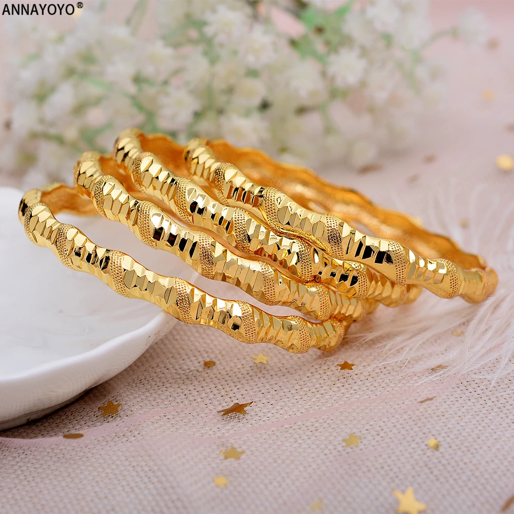 Annayoyo 4pcs New Fashion 24K Gold Color Wedding Bangles for Women Bride Bracelets Ethiopian/france/African/Dubai Jewelry gifts