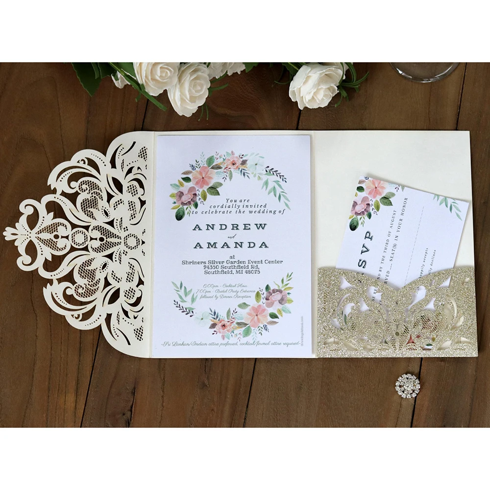  10pcs Elegant Hollowing Embossing Laser Cut Wedding Invitation Greeting Card Tri-Fold Business Card - 4000539576360