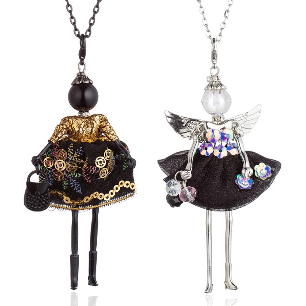 HOCOLE Women Doll Necklaces Shiny Sequins Wing Dress Hadmade Long Chain Girls Kids Pendant Necklace Brand Fashion Charm Jewelry | Украшения