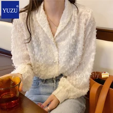 Sexy Lace Tassel Women Shirts Pearl Button Single Breasted Long Sleeve Ladies Tops Office Casual Work Turn-down Collar Blouse