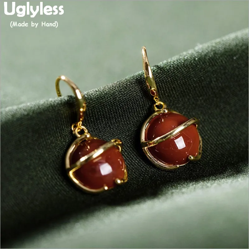 

Uglyless Designer Planet Earrings for Women Natural Agate Brincos Gold Plated Real Solid 925 Silver Gemstone Drop Earrings E1358
