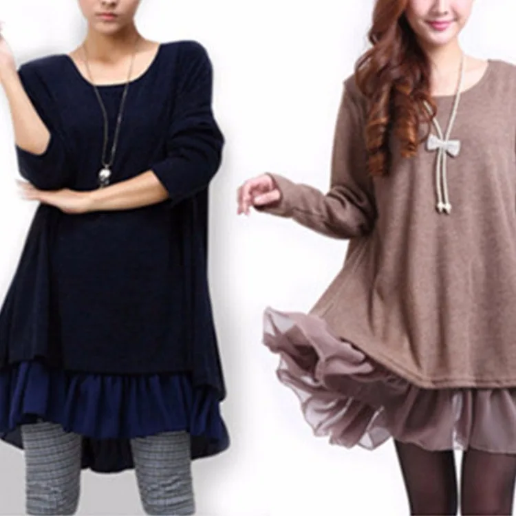 

Spring And Autumn Fat Mm Korean-style Mock Two-Piece Long-sleeve Knitwear Loose-Fit Slimming Base Sweater Large Size Dress
