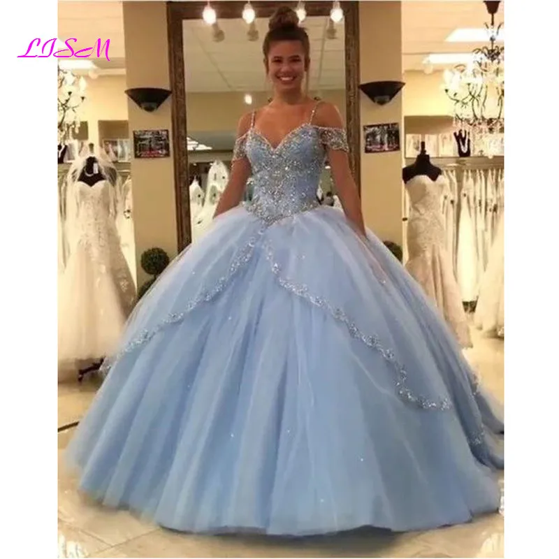 Luxury Crystals Ball Gown Quinceanera Dresses 15 Party Fashion Spaghetti Straps Crystal Formal Cinderella Birthday Gowns