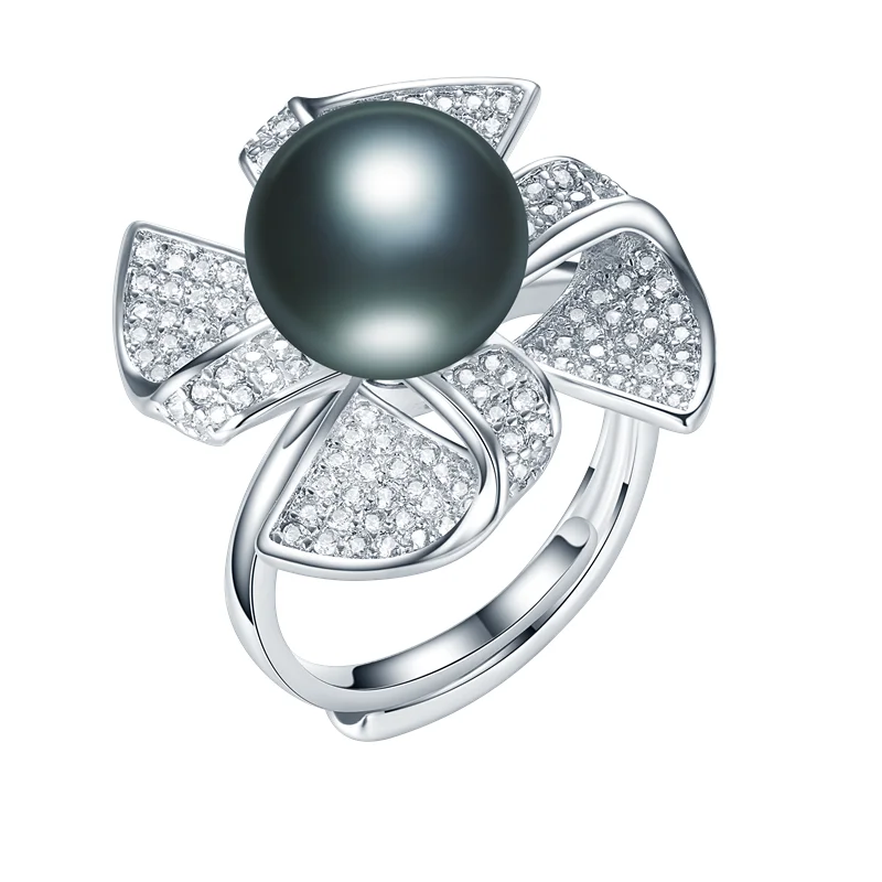 Black Rotatable Windmill Genuine Natural Pearl Ring, 925 Sterling Silver Rings for Women Wedding Ring Wedding Rings Silver 925 Jewelry - Gem Color: Black