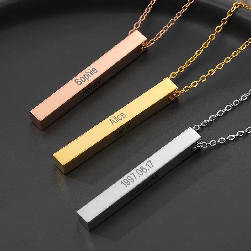 

Customized Name Necklace Personalized Four Sides Engraving Square Pendant Necklaces For Women Men Memorial Date Custom Jewelry