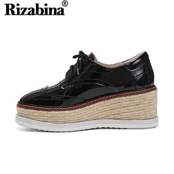 

RIZABINA Women Flats Loafers Shoes Fashion Vintage Style Lace Up Shoes Women Thick Grass Base Real Leather Footwear Size 34-39