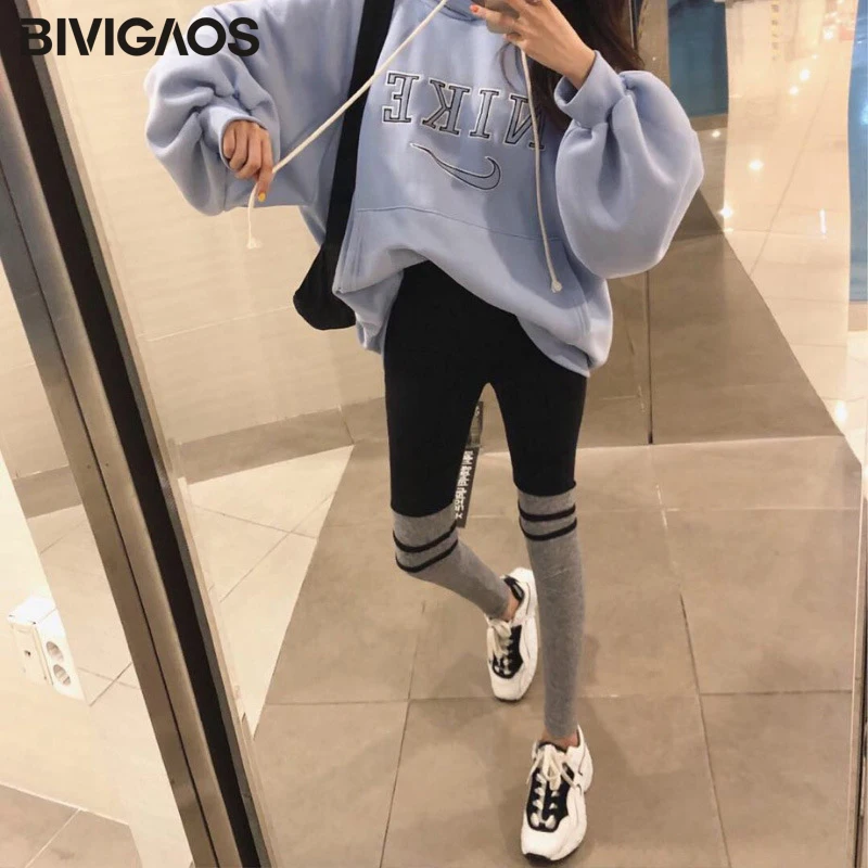 BIVIGAOS Spring New Women Korean Cotton Workout Leggings Hit Color Stitching Double Stripes Casual Sports Fitness Leggings