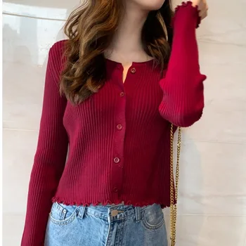 

Knitted Crop Cardigan Women Korean Short Sweater Solid Color Sweaters Long Sleeve V Neck Single Breaster Female