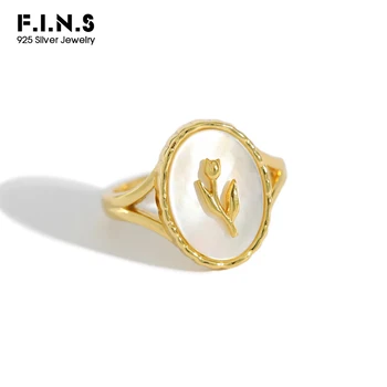 

F.I.N.S Korean Fashion S925 Sterling Silver Ring Tulip Oval Shell Geometric Ring Opening Adjustable Finger Ring