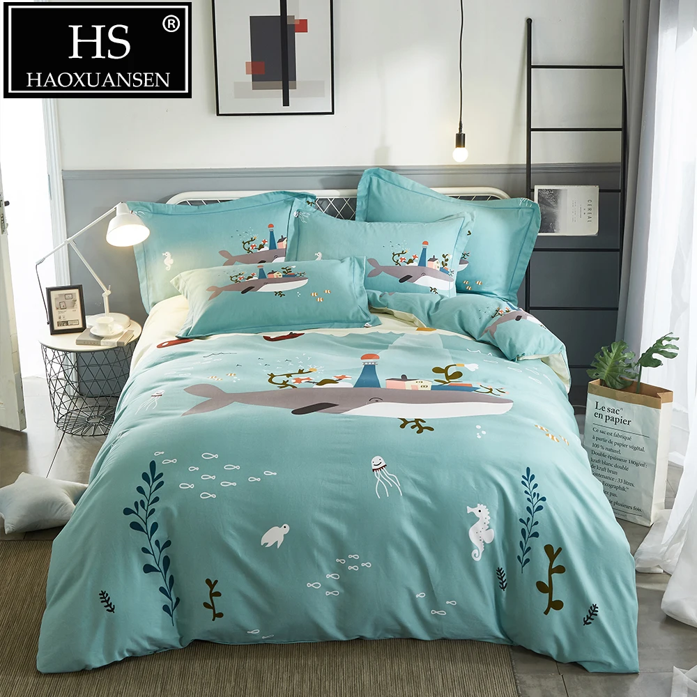 

Ocean Motif Sanding Cotton Bedding set Water Blue 4Pieces Duvet Cover set with Marine Life Soft Warm for Winter Queen King Size