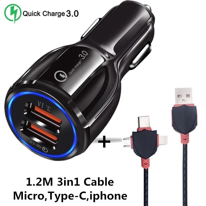 Black 2USB and Cable Быстрая зарядка QC 3,0 USB зарядное устройство с 3 портами, двойное автомобильное зарядное устройство А, быстрая зарядка для iPhone, samsung, huawei, Xiaomi - Тип штекера: Black 2USB and Cable
