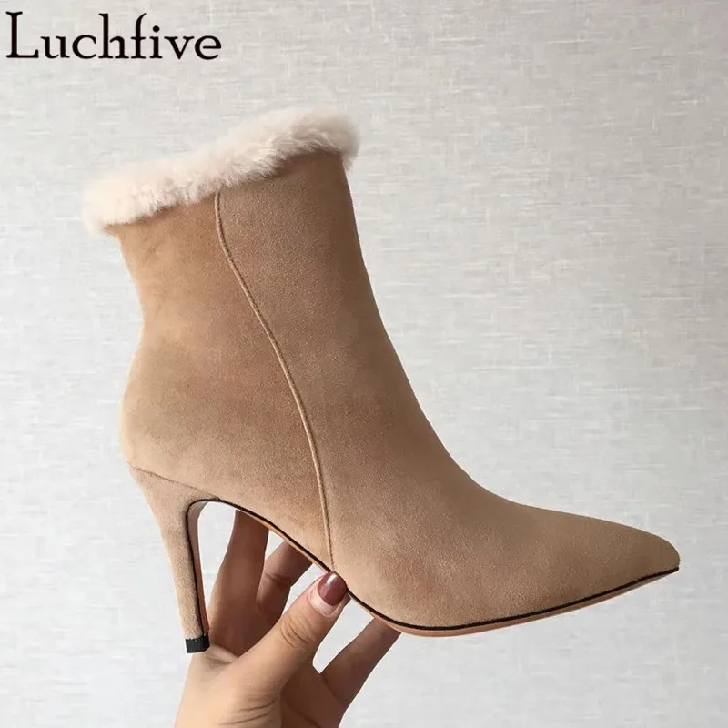 Wool High Heels Ankle Boots Pointy Toe Party Shoes Woman Sexy Zipper Suede Winter Boots Apricot Short Boots Women