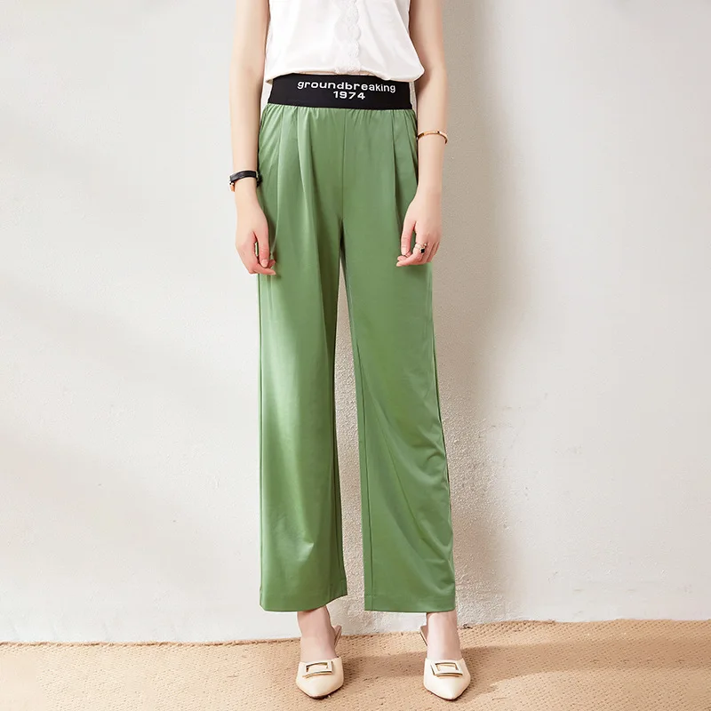 

Pants Summer Women's 2020 Fashionable Elastic High Waist Casual Green Thin Straight Wide Leg Trousers Full Length S-XL