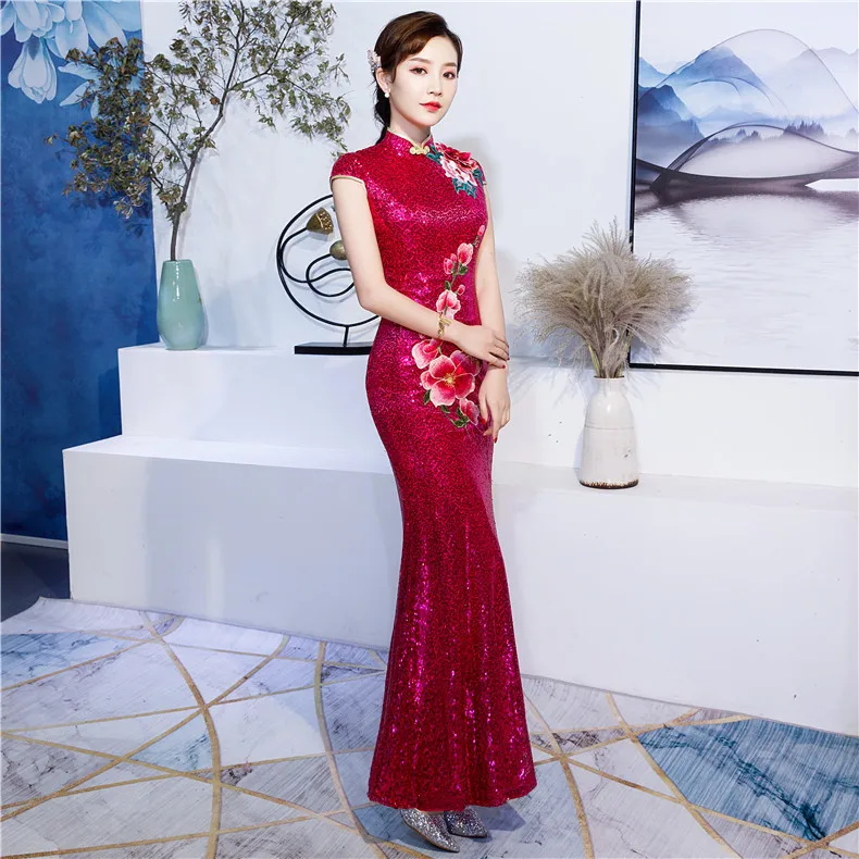 Ярко-розовые Для женщин Русалка Cheongsam Длинные вечерние платья с воротником «Мандарин», элегантный блесток выпускного вечера благородные, вечерние бальное платье Vestido XS-4XL