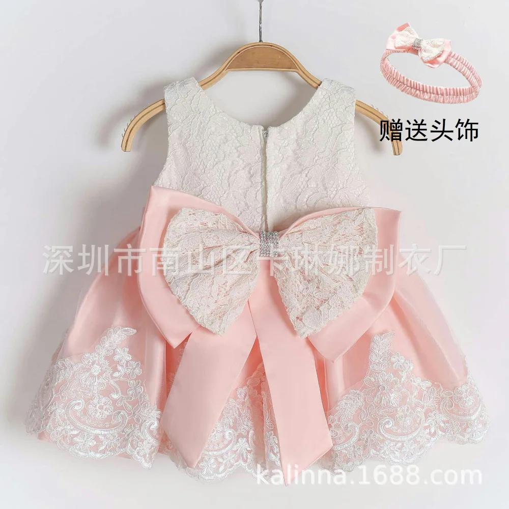 

Baby Girl Sleeveless Lace and Mesh Big Bow Decor Party Dress