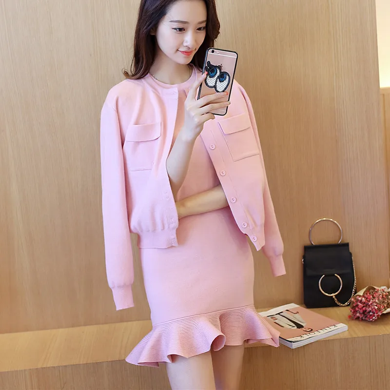 

2019 Spring New Style Cardigan Sweater Set Mid-length Skirt Fishtail Sheath Dress Women's Two-Piece Set