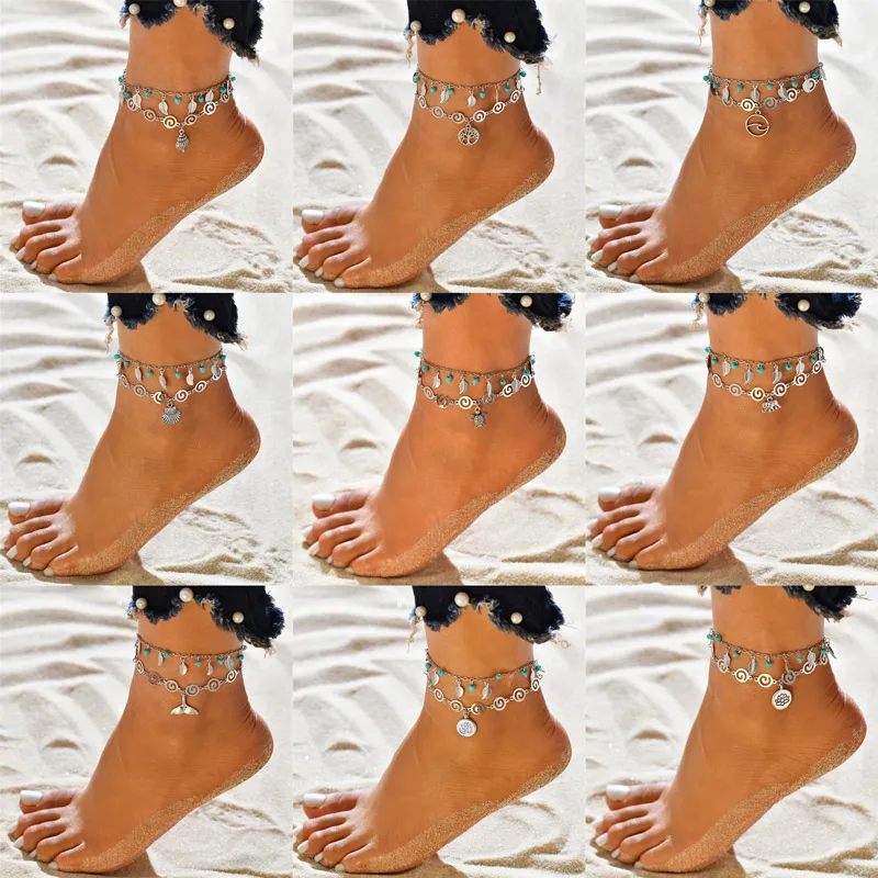 VAGZEB Vintage Silver Color Multilayer Anklets For Women Bohemian Turtle Conch Beads Leaves Anklet Bracelet Boho Jewelry VAGZEB Vintage Silver Color Multilayer Anklets For Women Bohemian Turtle Conch Beads Leaves Anklet Bracelet Boho Jewelry