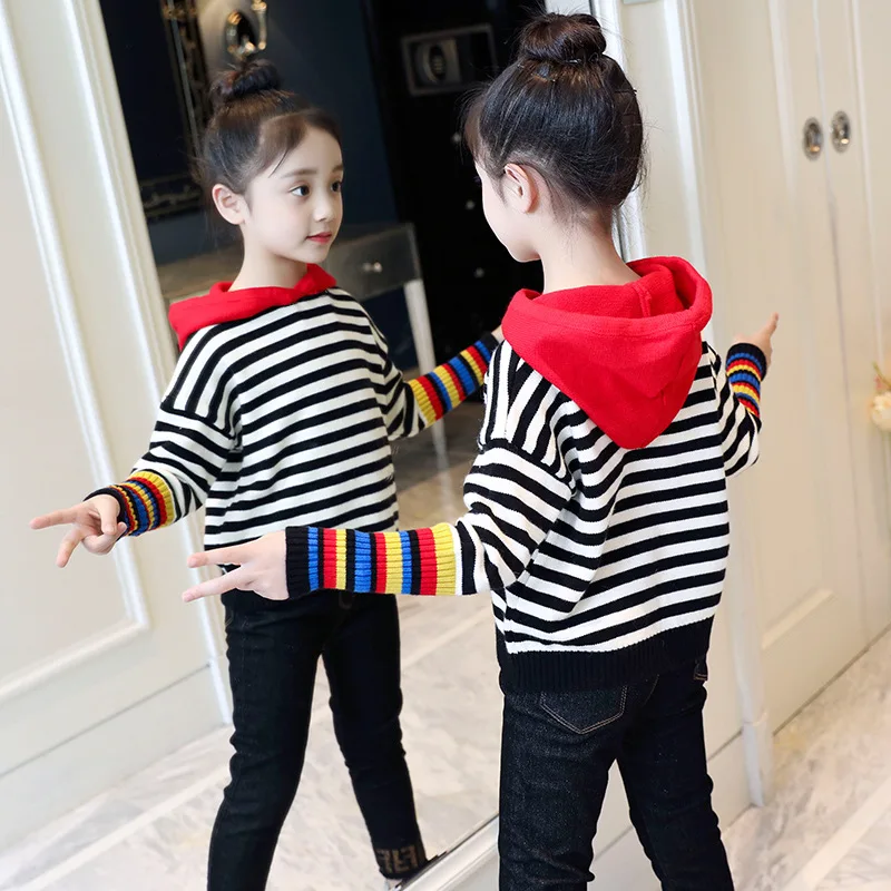 

Girls Winter Hooded Stripes Sweater Rest Cartoon-Style Stripe Contrast Color Western Style Outer Wear Sweater Color Korean Wave