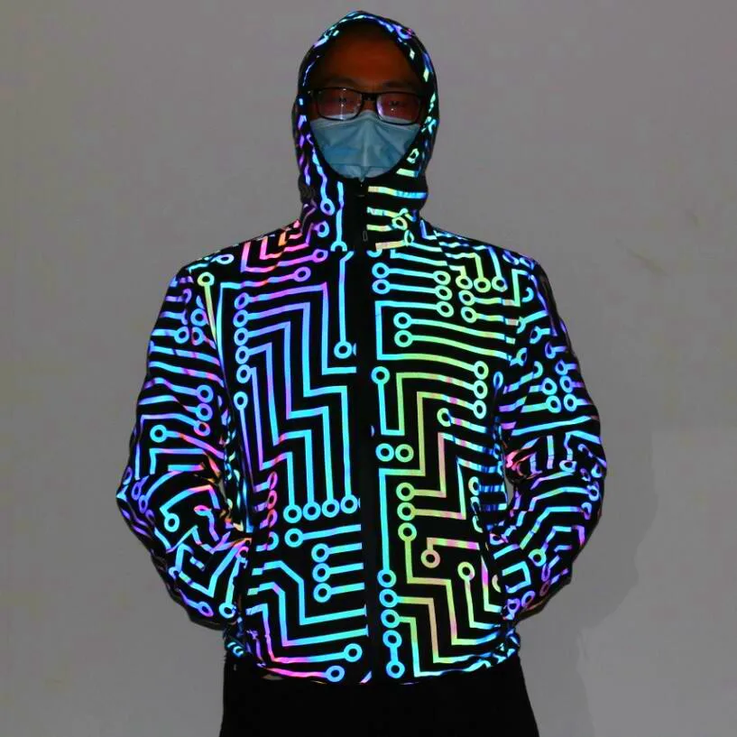

2020 Men's Circuit Geometric Pattern Rainbow-Colored Reflective Jacket Nightclub Dancer Hip-Hop Colorful Windbreaker Hooded Coat