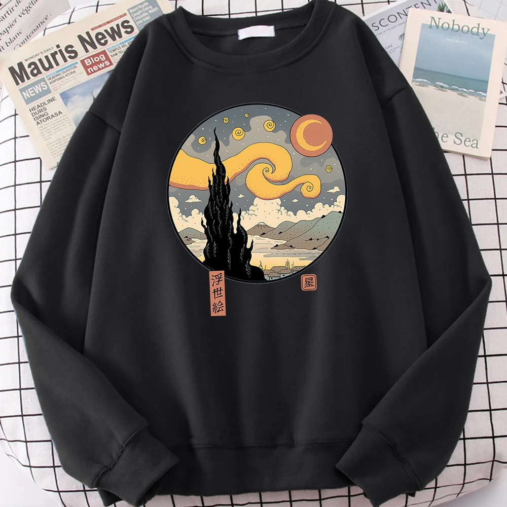 Starry Ukiyo-e Night Print Man Sweatshirts Japan Anime Harajuku Loose Hoodies Autumn Fleece Loose Hoody Mens Hip Hop Streetwear