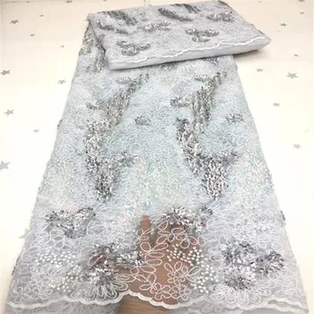 

2020 Wholesale luxury quality African chiffon lace fabric with sequins 5 yards white sequins lace fabric