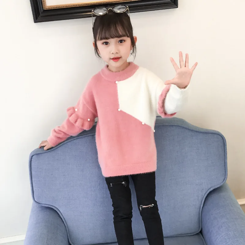 

Cuhk Children Thicken Princess Sweater Girl Pullover Patchwork Casual Kids Sweaters Pearl Mink Wool Warm Girls Sweter 3-14 Years