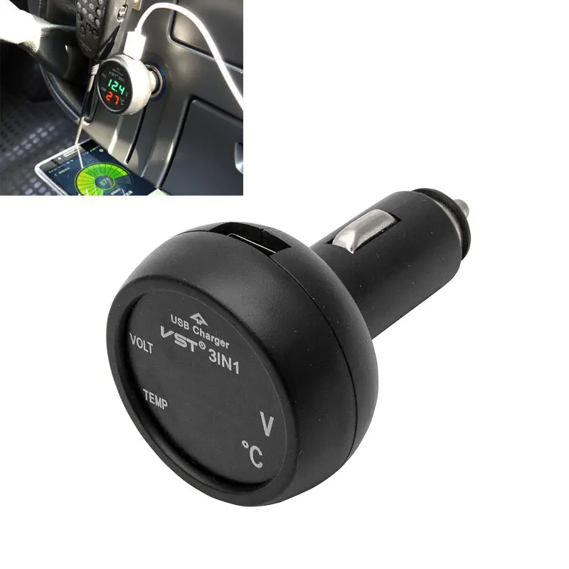 3in1 Цифровой вольтметр-Термометр 12/24V прикуривателя USB Автомобильное зарядное устройство Зарядное устройство
