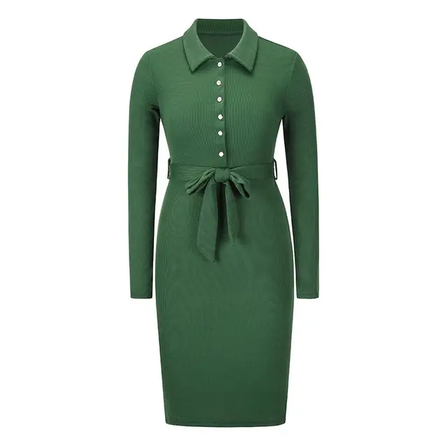Flower Jie Autumn Dress Women Plus Size Knitted Bodycon Elegant Long Sleeve Vestidos Button Slim Casual Vintage Ladies Dresses green