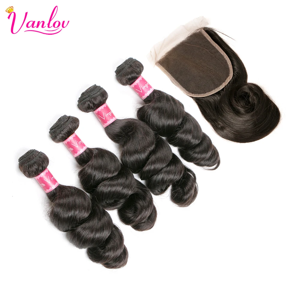Vanlov Malaysian Loose Wave Bundles With Closure Human Hair Weave Bundles With Lace Closure Remy Human Hair Extension 