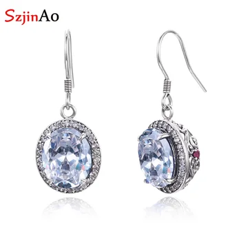 

SzjinAo Handmade Hollow for Women diamond Earrings Solid 925 Sterling Silver Luxury Fine Jewelry April Birthstone Earring